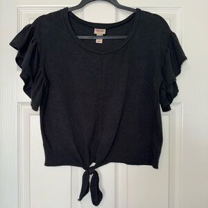 Women’s Dark Gray Tie-Front Ruffle Sleeve Top